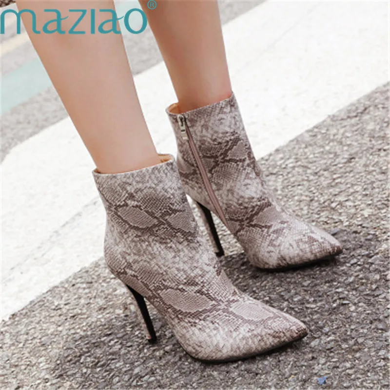 

Winter Boots Women Pointed Toe Zipper Slip-on Short Boots Snake Ankle Boots for Women High Heels MAZIAO