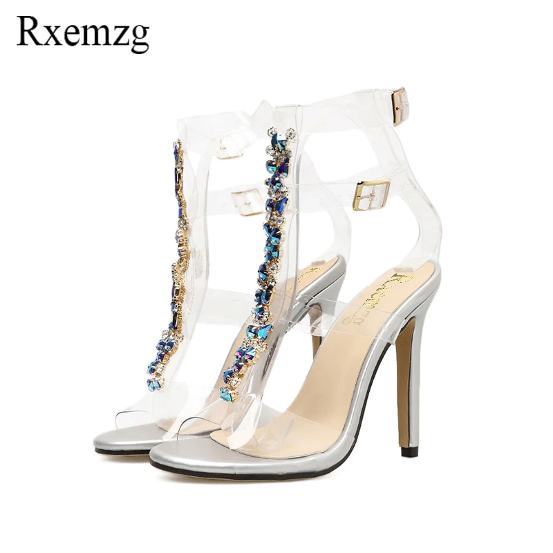 

Rxemzg summer 2018 woman shoes newest fashion crystal diamond buckle strap transparent PVC women sandals clear strap sandalias