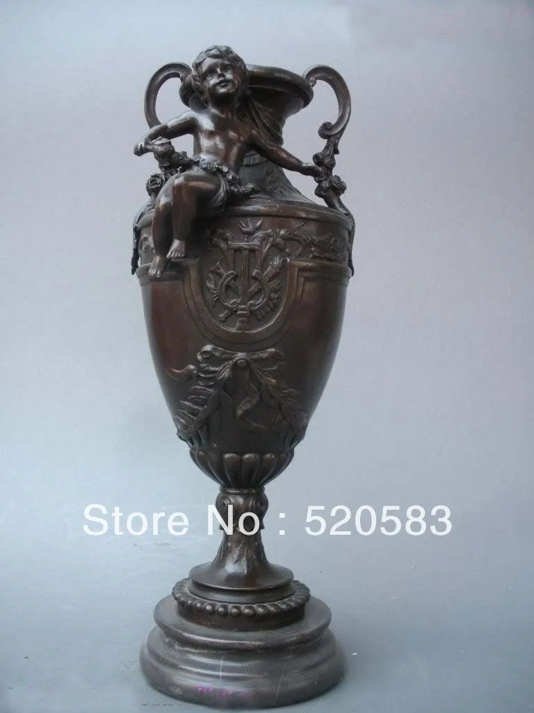 

17"Signed Bronze & Marble statue Art Boy Leaves Vase Sculpture