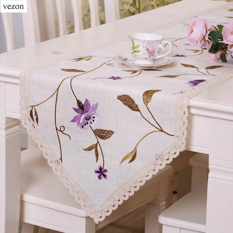 

vezon Linen Elegant Floral Embroidery Table Runner Delicate Flowers Flag Runners Embroidered Cloth Coffee Covers Cotton Lace