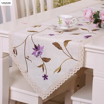 

vezon Linen Elegant Floral Embroidery Table Runner Delicate Flowers Flag Runners Embroidered Cloth Coffee Covers Cotton Lace