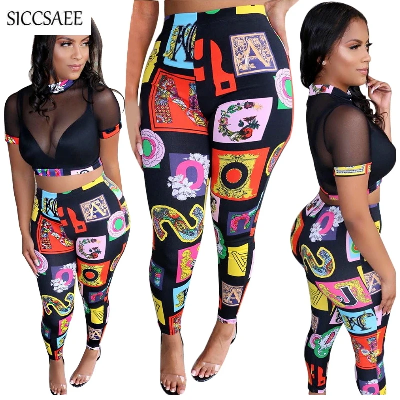

Black Mesh Crop Top Cartoon Letter Print Bodycon Bodysuit Sexy Casual Outfits Women Sweat Suit See Through Bandage Two Piece Set