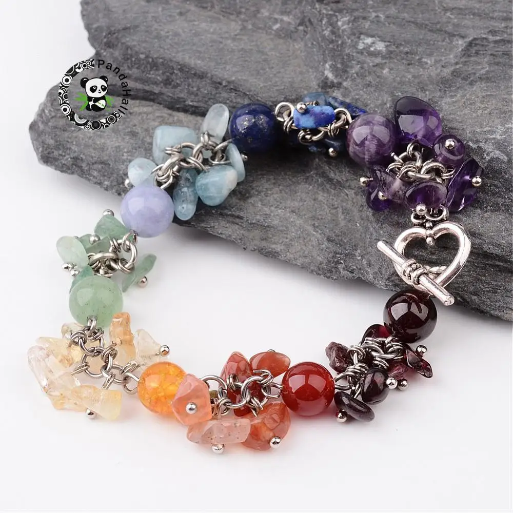 PandaHall Chakra камень ювелирные изделия полудрагоценные бусины из бисера Чип Diy Браслеты с Сплав Toggel застежка и латунь, находки 195 мм