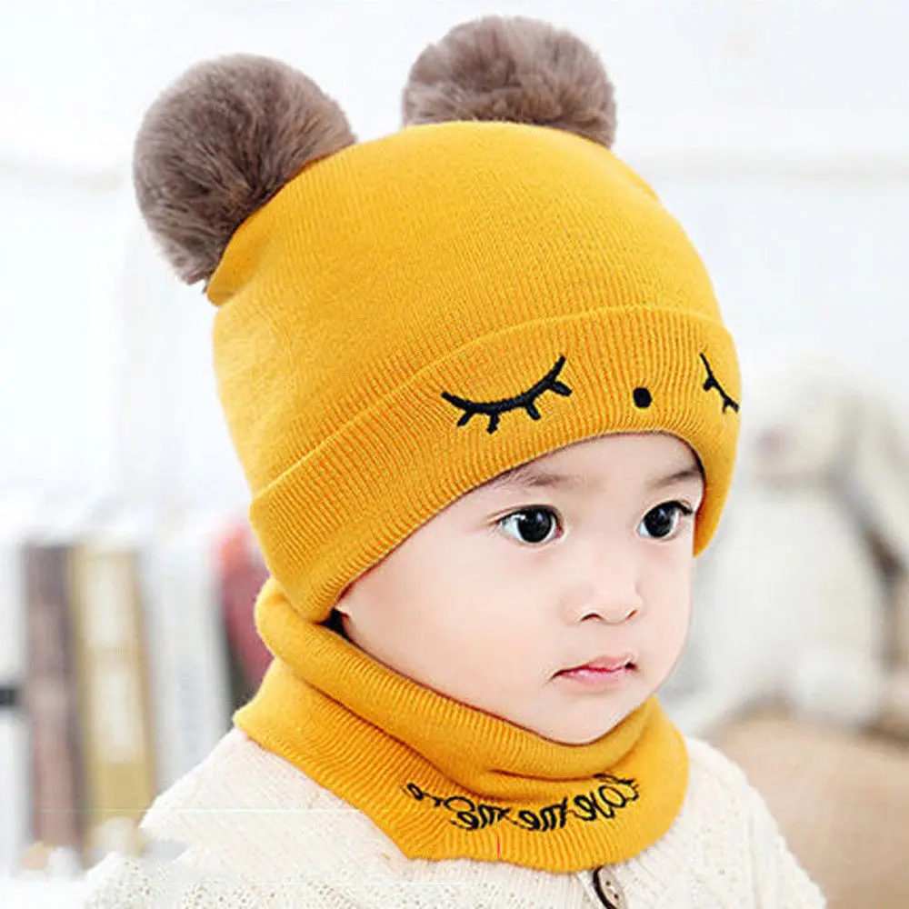 Новинка года; шапка с помпоном для новорожденных мальчиков и девочек; зимний теплый вязанный вязаный шапка с помпоном; шапка; комплект для детей 0-12 месяцев - Цвет: Yellow Hat Scarf