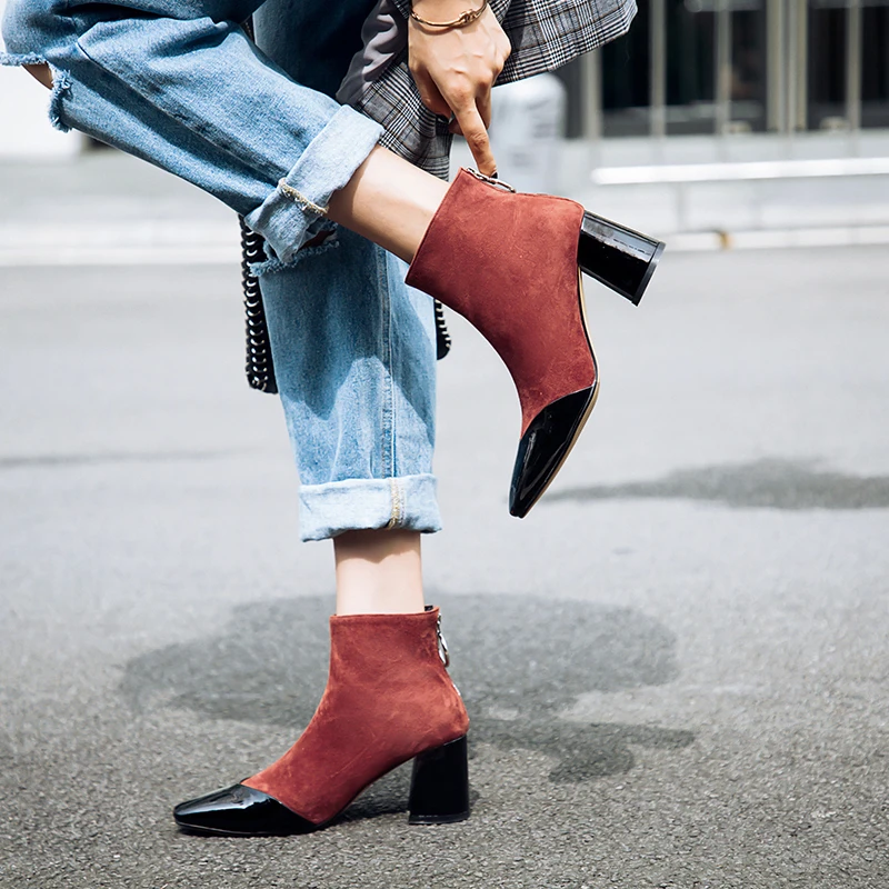 Prova Perfetto New Style Purple Women Ankle Boots Square Toe High Heel Boots Fashion Faux Suede Real Leather Woman Boots Size 40