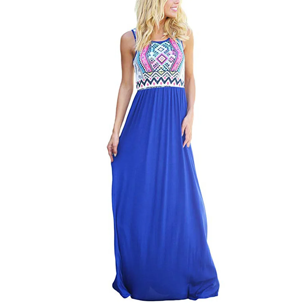 

FREE OSTRICH Dress Women Blue Print Stitching Sleeveless Straight O-Neck Mid-Calf Casual Dignified Noble Novel Long Dress Summer