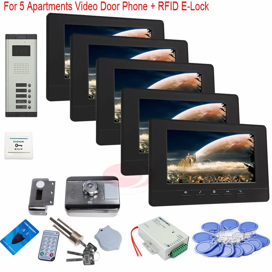 

For 5 Apartments 7" Video Door Phone Doorbell Intercom IR Camera Monitor RFID Electronic Control Lock In Stock!