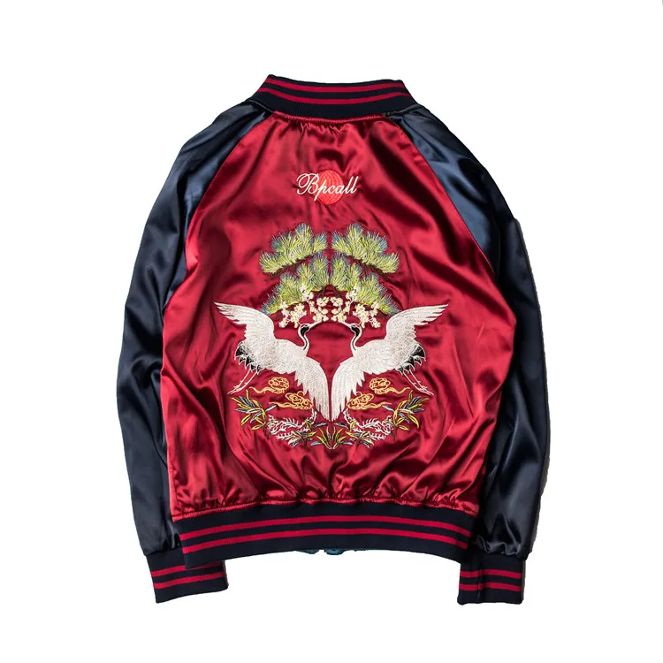 Two Sides Luxury Embroidery Bomber Jacket Smooth Men Sukajan Yokosuka Souvenir Jacket Streetwear Hip Hop Baseball Jacket