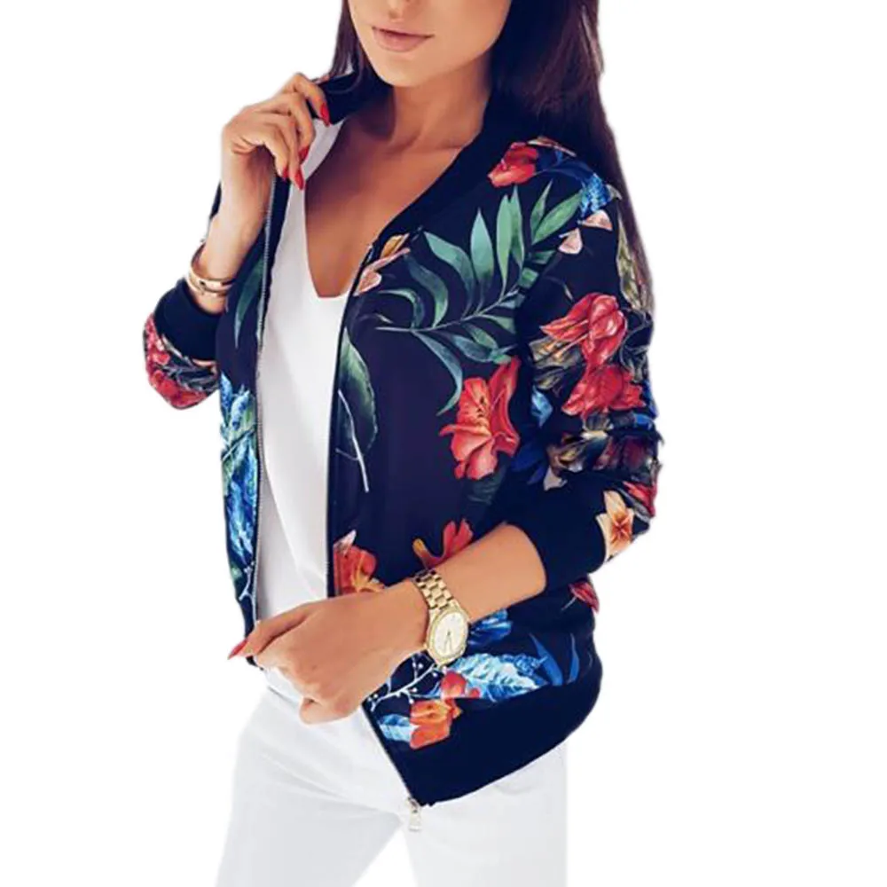 

Women Jackets Flower Floral Print Retro Ladies Zipper Up Short Thin Slim Bomber Jacket Coats Fashion Basic Casual Outerwear
