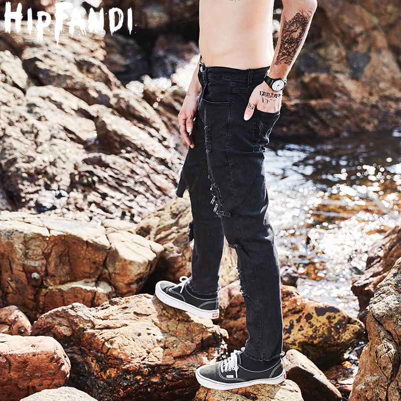 

HIPFANDI 2017 Men Brand Fashion Spring Summer Pants Pockets Trousers With Big Holes Decoration Man's Pure Color Streetwear Jeans