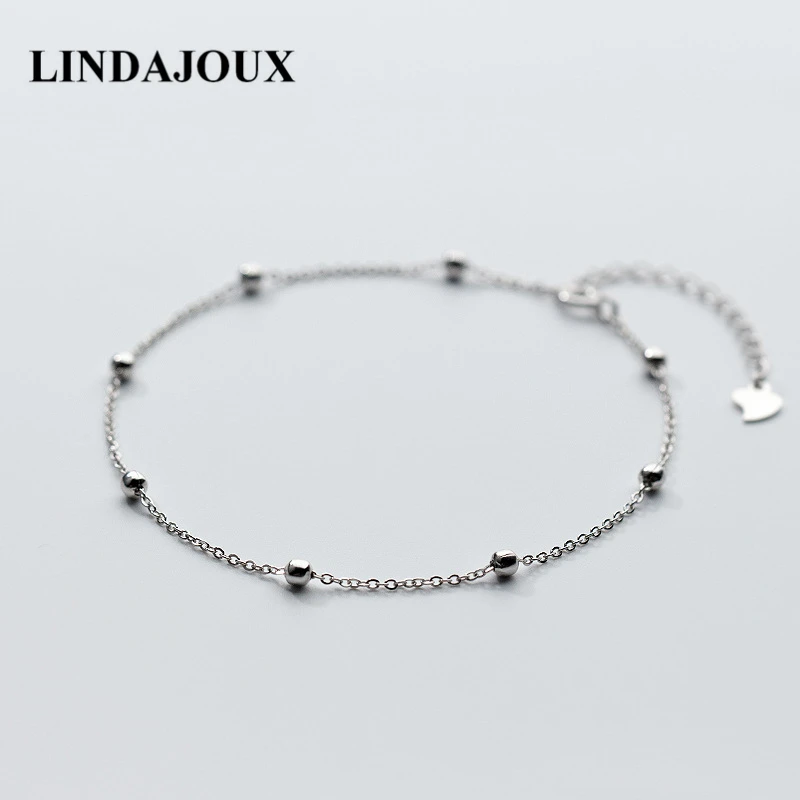 

LINDAJOUX 925 Sterling Silver Beaded Link Chain Anklet For Women S925 Ankle Bracelet Adjustable Length