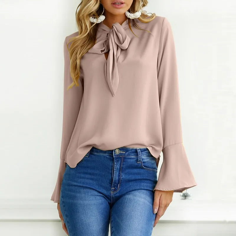 

Chiffon Blouse 2019 Autumn Elegant Women Tie Neck Blusas Ladies O Neck Solid Bow Top Women Flare Long Sleeve OL Shirt Plus Size