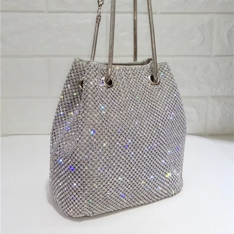 2019 New Black and Silver Super Flash Rhinestone Chain Bag Bucket Bag Women Purses and Handbags