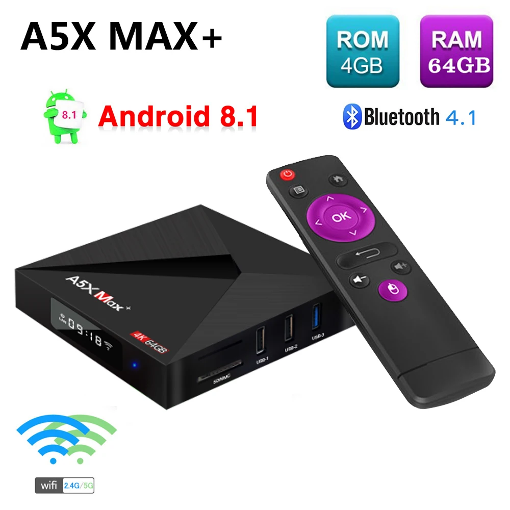 

A5X MAX Plus 4GB RAM 64GB ROM Update Android 8.1 TV Box 2018 RK3328 Quad Core USB 3.0 2.4G/5G WiFi Bluetooth 4.1 4K HD Smart Box