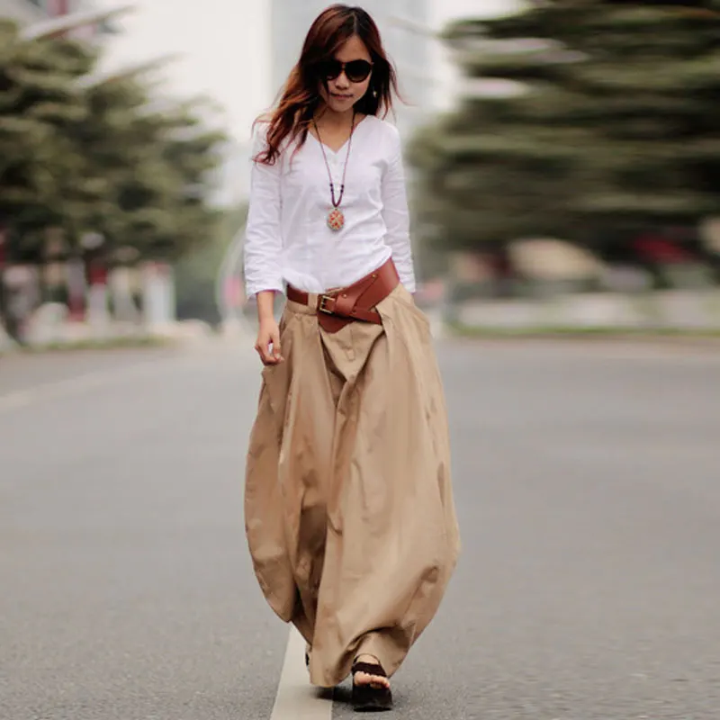 2018 Spring Autumn long Linen skirts women's casual pockets maxi skirt