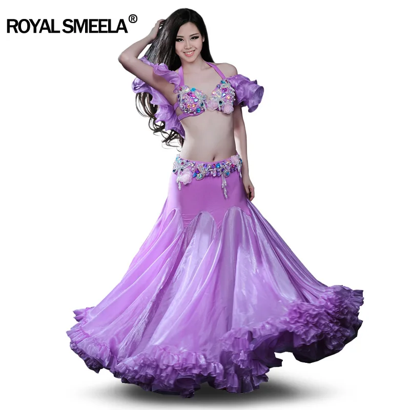 ROYAL SMEELA Belly Dance Costume Set for Women Belly Dancing Skirts Bra and  Belt Sleeves Professional Suit 4pcs Mermaid Skirt