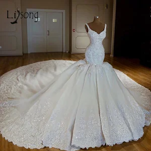 Luxury Abiye Mermaid Wedding Dresses Lace Bridal Gowns In Long Watteau Train Beaded Crystal Dubai Wedding Dress