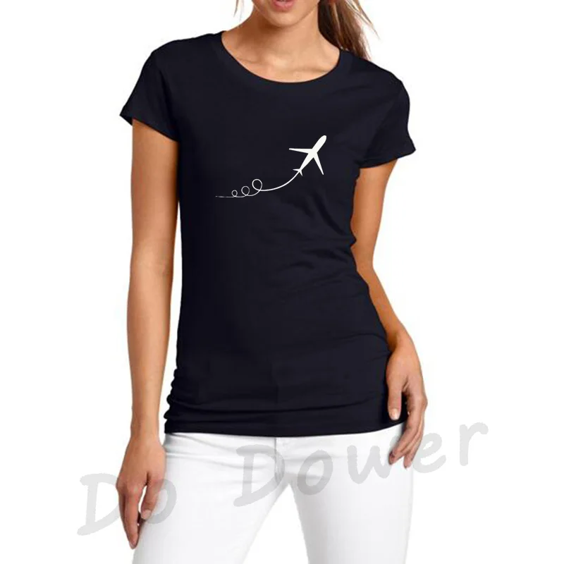 Женская футболка с принтом самолета, хлопковая Повседневная забавная футболка для девушек, хипстерская футболка - Цвет: black