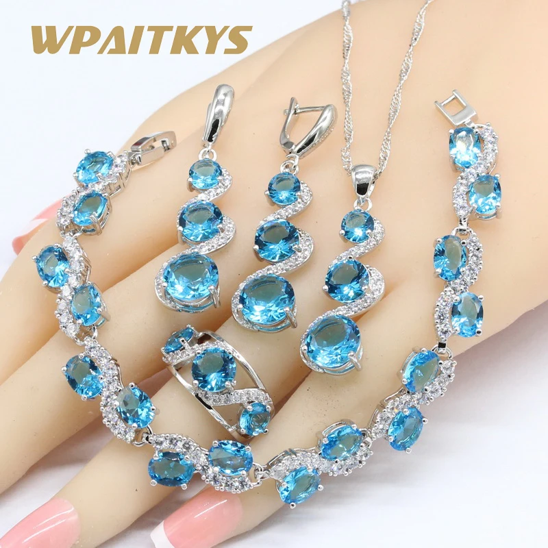 

Sky Blue White 925 Silver Jewelry Sets For Women Bracelet Long Earrings Necklace Pendant Rings Free Gift Box