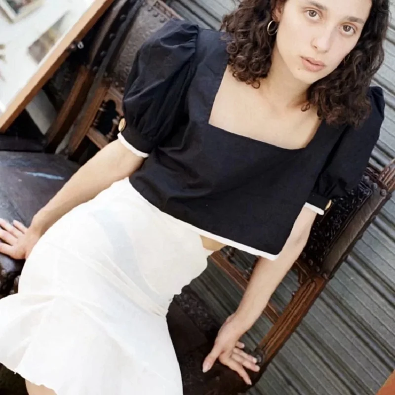 Летняя женская рубашка блузка 2019 Милая Черная Рубашка Ретро Colorblock завернутый сундук рубашка с буфами на рукавах женские рубашки блузка Топ