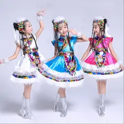 Синие детские Костюмы для бальных танцев Китайская народная Танцы одежда костюмы для детей Короткие рукава монгольский национальности