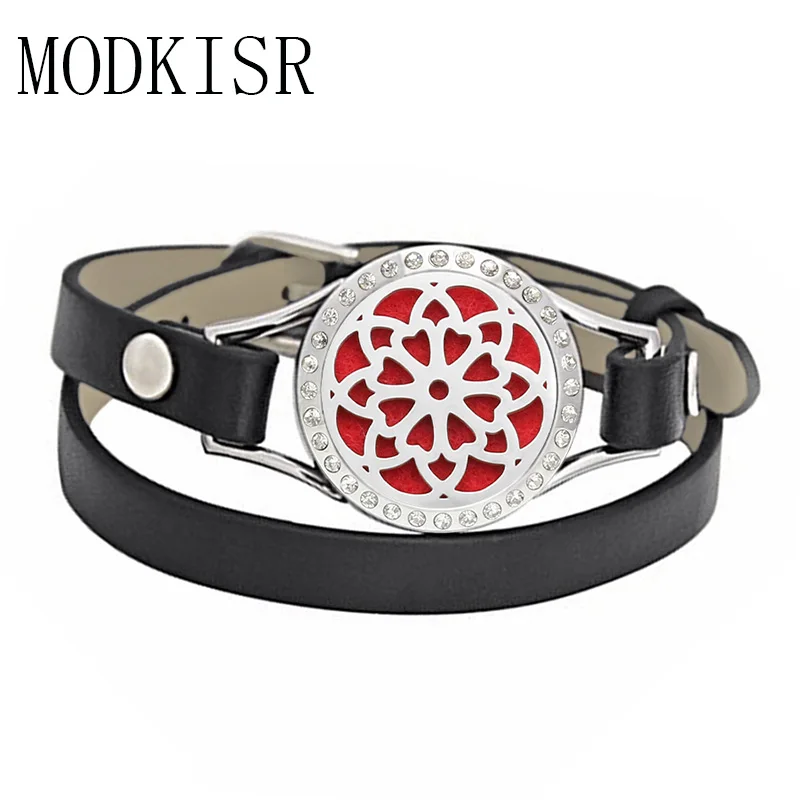 

MODKISR Wholesale Fine Flower Wild Stainless Steel Leather Aromatherapy Bracelet Locket Twist Bracelet to send 5 color pad NY04