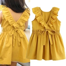 Hurave/Модное детское летнее платье; одежда без рукавов для девочек; платья для девочек с v-образным вырезом и бантом; Новинка года; vestidos