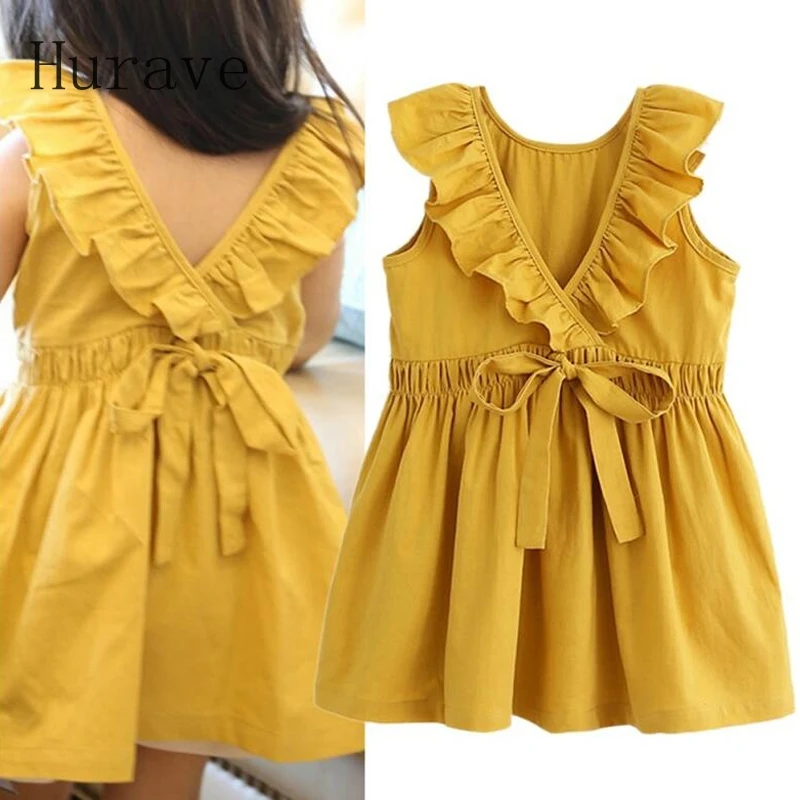 

Hurave Fashion children summer dress girls sleeveless clothing v neck dresses for girl with bow 2019 new vestidos