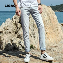 LIGAO 2017 Men’s Jeans Spring Summer Casual Pants Male Slim Pencil Pants Elastic Adolescents Leisure Mens WhiteBlue Jeans