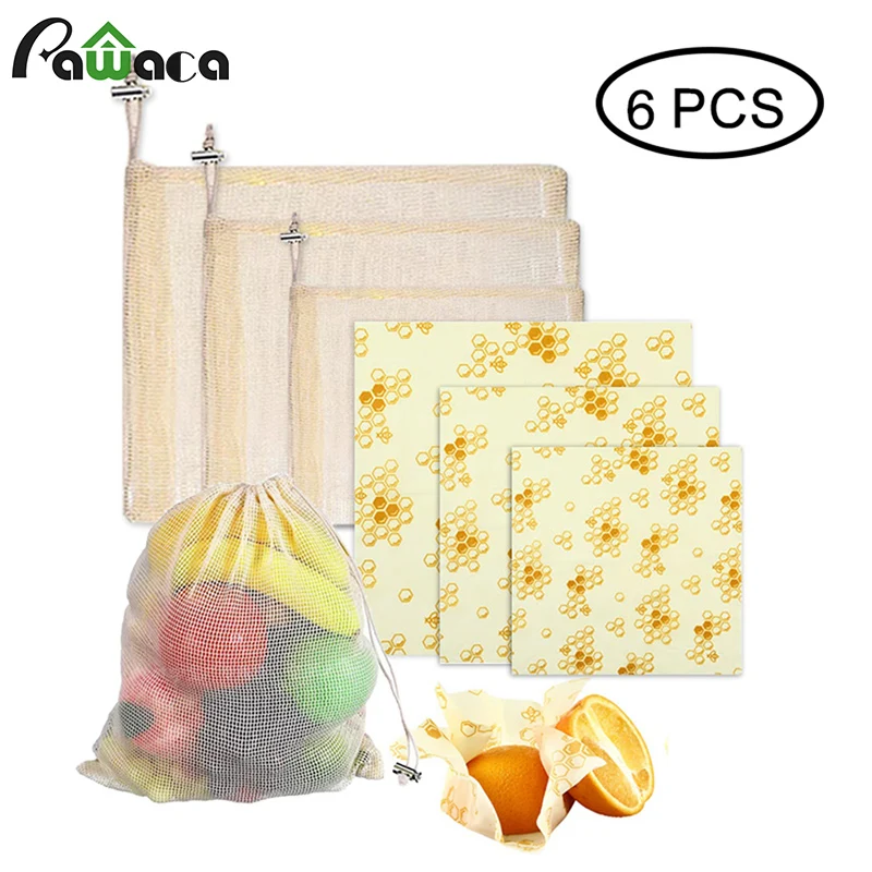 

Reusable Silicone Beeswax Food Wrap and Organic Cotton Mesh Produce Bags Fruit Vegetable Storage Bag Home Storage Decoration