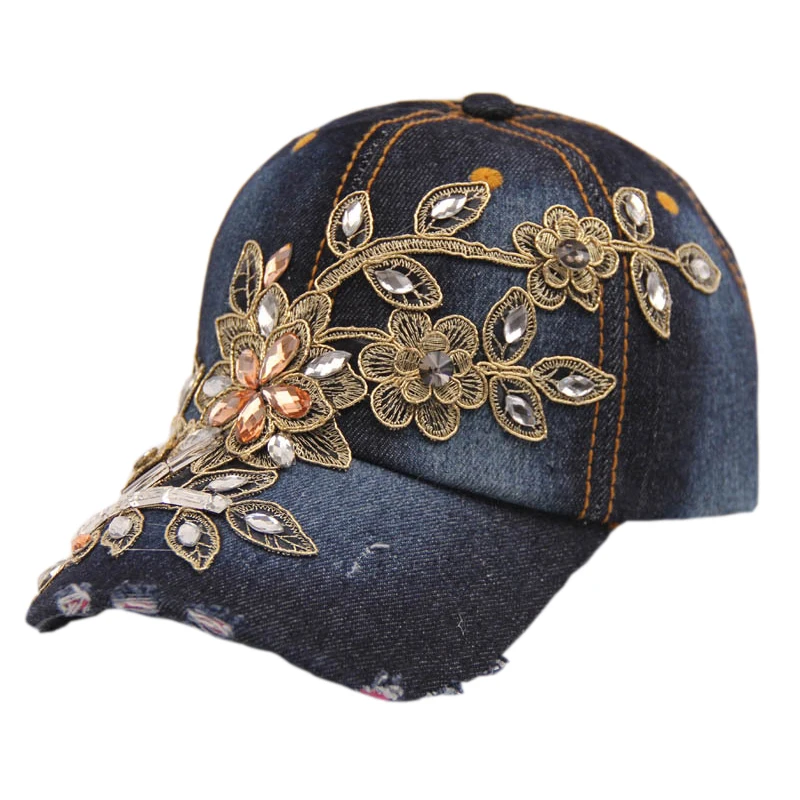Женская джинсовая шляпа с вышивкой цветы бриллианты|baseball hat cap|snapback capshat cap |