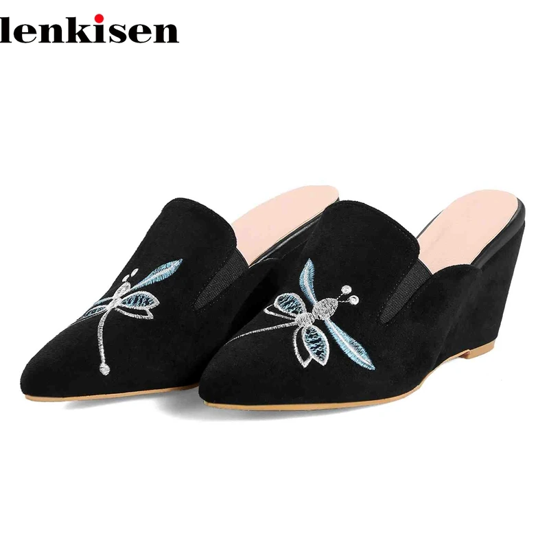 

Lenkisen embroidery mules PU pointed toe slip on wedges high heels shallow runway elegant party wedding flowers women pumps L07