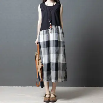 

WYWAN Plus Size Dress Women Summer Pattern Patchwork Print Vintage Linen Dress Female Casual Fashion Oversize Elegant Dresses