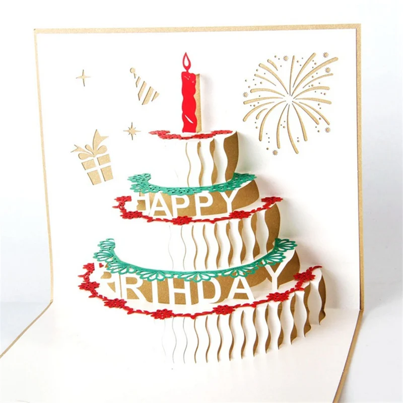 

Happy Birthday Pop Up 3D Party Invitation Card Greeting Birthday Cake Envelope Postcard Carved Gifts for Friends Kids Surprise