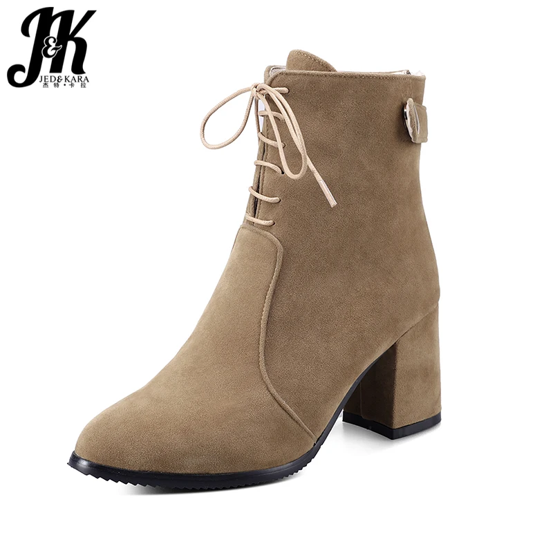 

JK Black High Heels Women Ankle Boots Flock Zip Round Toe Thick Plush Footwear Cross Tied Female Boot Shoes Women 2018 Winter