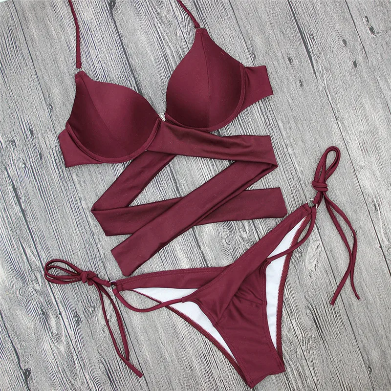 Hot 2018 Sexy Solid bikinis Women Cross Triangle Padded bikini top Bandage Side tie Thong bathing set Swim Suits maillot de bain |