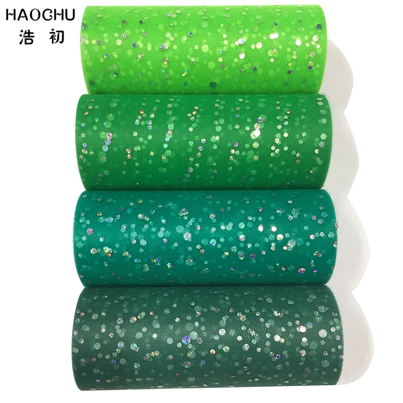 

HAOCHU Green Forest Outdoor Party Glitter Sequin Tulle Roll 6 Inch 25 Yards Tutu Fabric Wedding Decoration Organza Chair Bow