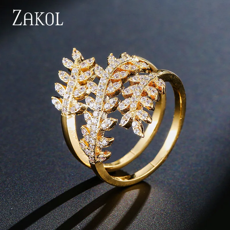 Модные открытые кольца с микро-покрытием из кубического циркония от ZAKOL, регулируемые кольца на палец с кристаллами и листьями для женщин, свадебные ювелирные изделия FSRP223