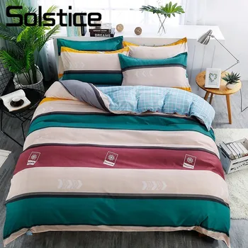 

Solstice Home Textile Bedding Set Stripe Nordic Simple Cyan Wine Red Duvet Cover Pillowcase Plaid Sheet Boy Teen Adult Bed Linen