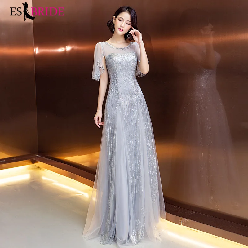 

Lace Evening Dresses Long 2019 Grey Simple Plus Size O-neck Short Sleeve Wedding Gown Backless Elegant Abito Da Cerimonia ES1419