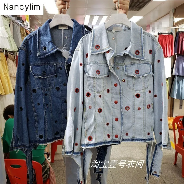 

European Station Old Short Denim Jacket Coat Woman Heavy Ring Hollow-out Sping Autumn Loose Retro Harbour Wind Ribbed Coats