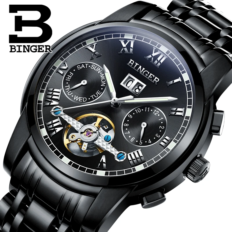 

2018 New BINGER men's watch luxury brand Tourbillon sapphire luminous multiple functions Mechanical Wristwatches B8601-7