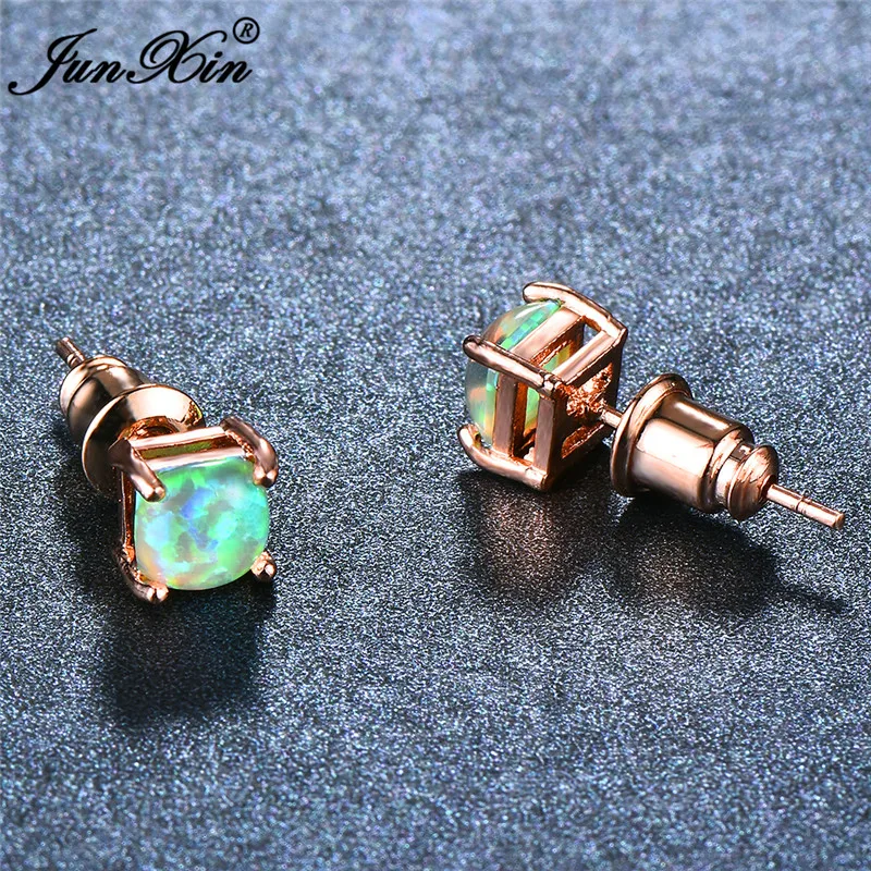 

JUNXIN Fashion Female 4/5/6/7mm Square Stud Earrings Boho Green Fire Opal Earrings For Women Rose Gold Filled Jewelry
