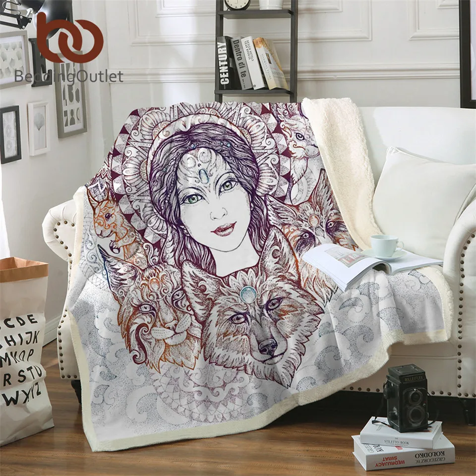 

BeddingOutlet Wolf Microfiber Blanket Fox Owl Woman Blanket on Bed Wild Animal Printed Vintage Home Textiles mantas 150x200cm