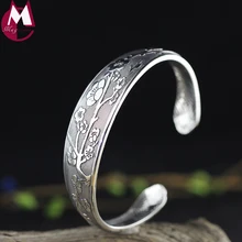 Настоящее серебро 999 пробы браслет для женщин ювелирные изделия подарки на удачу этнический тонкий завод Винтаж цветок сливы SB67