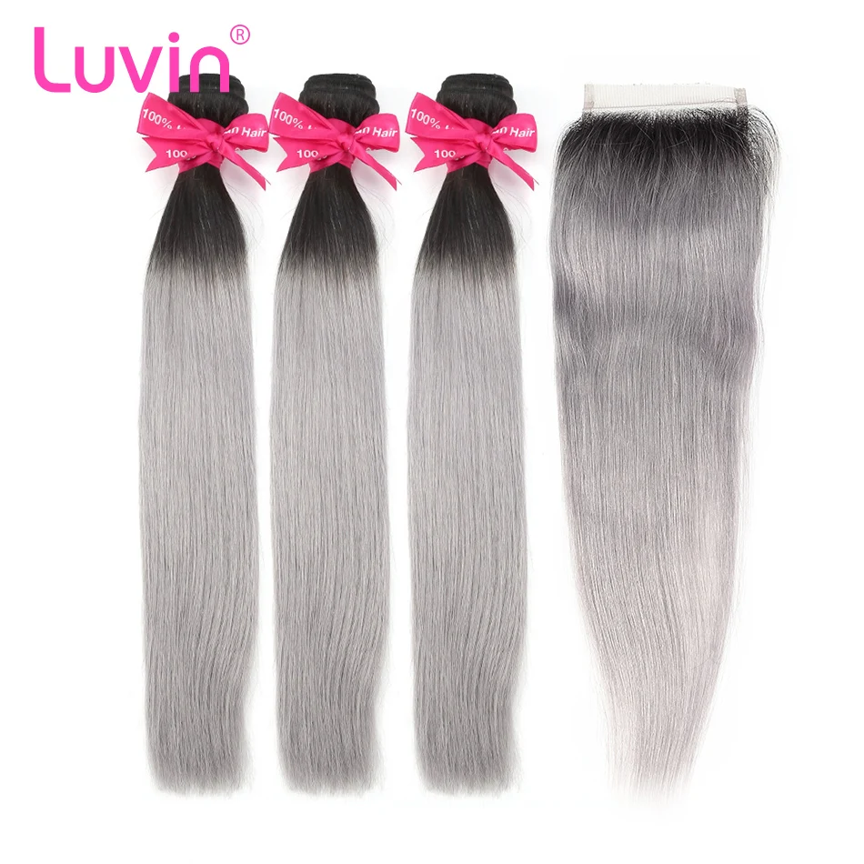 Luvin Омбре серый 3/4 пряди с закрытием бразильские прямые волосы Remy натуральные кудрявые пучки волос цвет T# 1B/серый