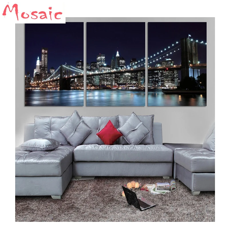 

Triptych 5D Full circle/square Diamond Painting City Bridge Night View Embroidery Diamond Picture Of Rhinestone Mosaic Decor art