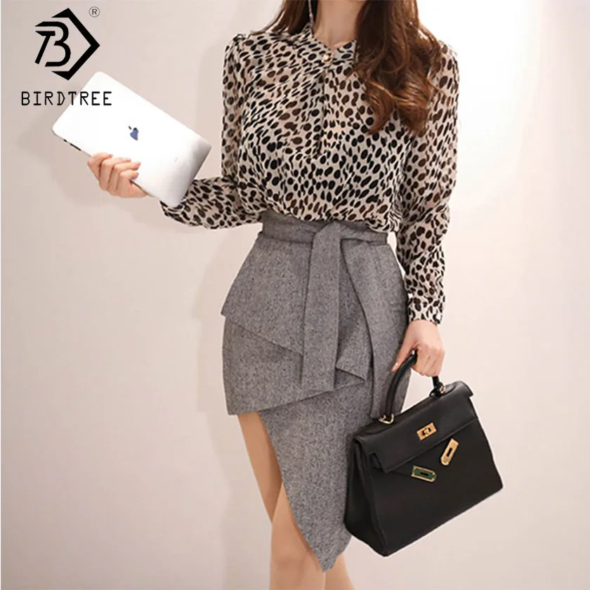 

2019 Spring New Women Sets Leopard Top High Waist A-Line Irregular Lace Up Bow Skirts Elegant Office Lady Skirt Sets S8D424I