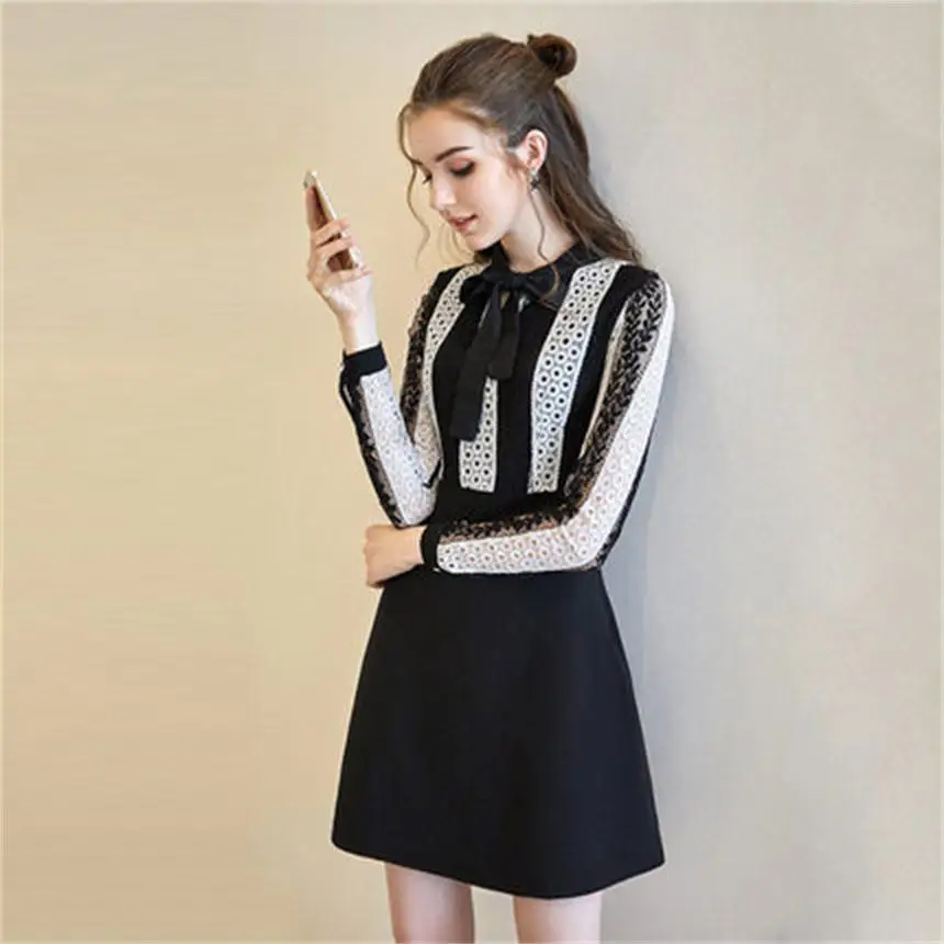 

Women dress The new Casual fashion bow large size 5XL was thin long-sleeved lace dress women