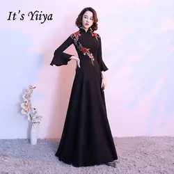 Это YiiYa Черный Высокий воротник три четверти рукав элегантной вышивкой вечерние Вечерние платья пол Длина вечернее платье MX060